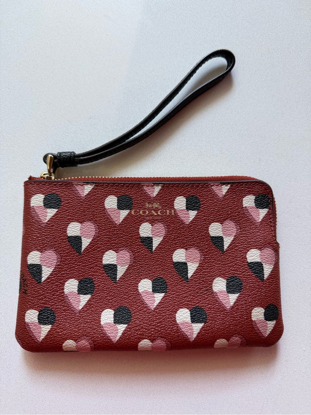 Coach Checked Red Heart-Print Leather Corner Zip Wristlet w/ Black Strap